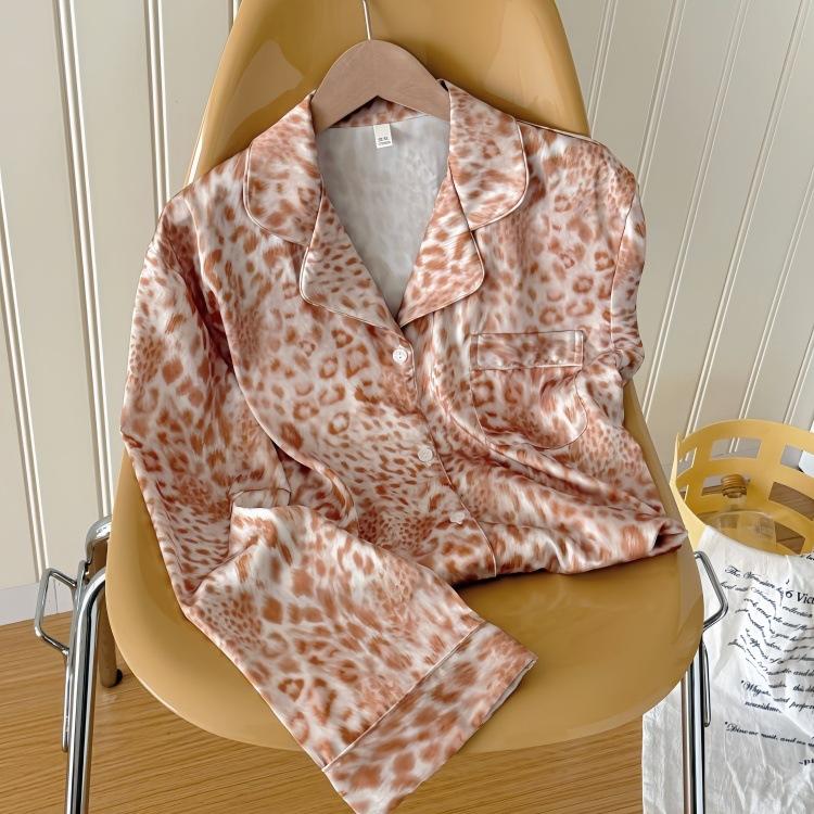 Original New Light Luxury Style Leopard Print Pajamas Women's Long-sleeved Trousers Ice Silk Satin High-end Satin Loungewear Set