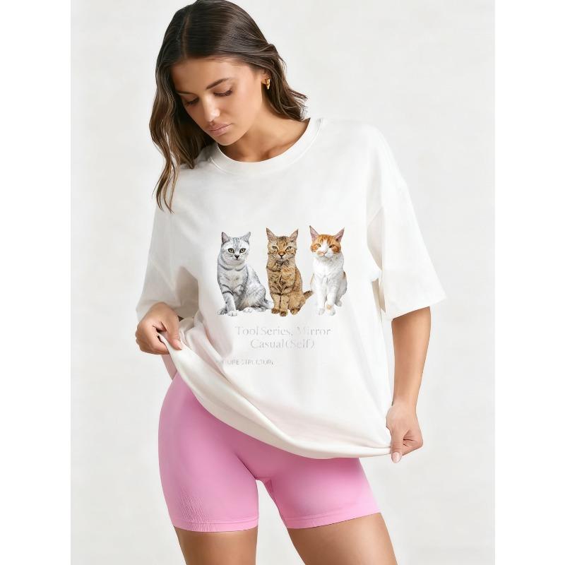 Oversized T Shirt Black Three Cats Print Tool Series Mirror Casual Self Text Graphic Tee Women Casual Wear Streetwear Fashion