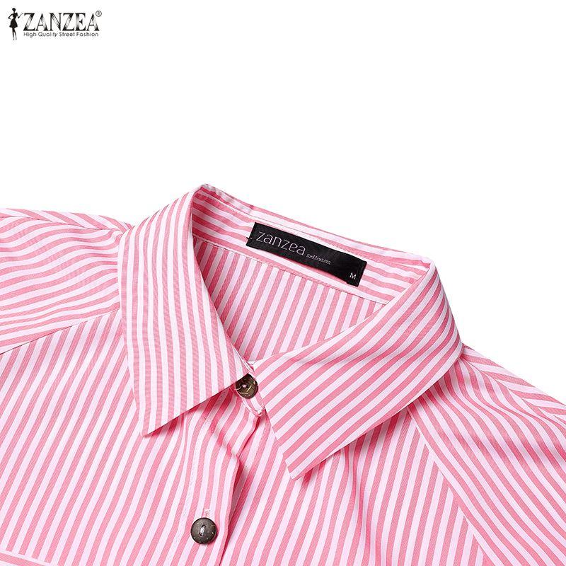 ZANZEA Women Turn Down Collar Long Sleeve Loose Stripe Dress