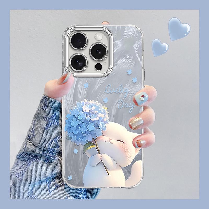 

Little Cat Bouquet Silicone iPhone 14 Protective Case with Feather Gauze Texture and Full Drop Protection for Apple 17 iPhone 16 Plus озеро синього кольору