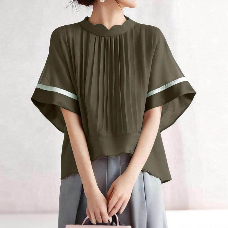 ZANZEA Women Casual Stand Collar Loose Short Sleeve Blouse