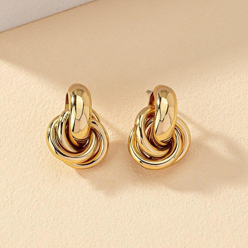 2 Pair Set Gold Copper Color Knot Hoop Earring Set For Women Shiny Plating Trendy Earring Stud Cute Daily Wear Jewelry Set