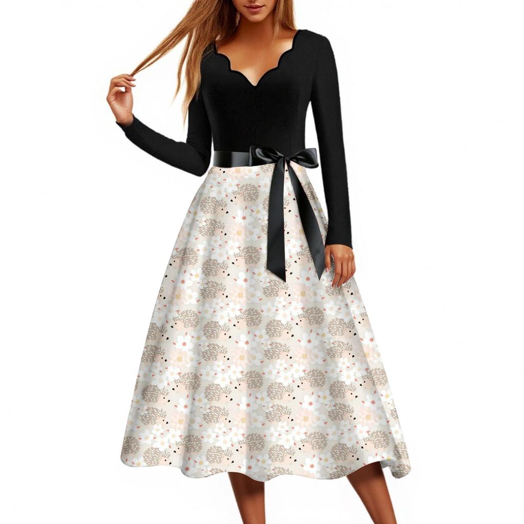 Women's Casual Fashion Floral Print Wave V Neck Vintage Dress