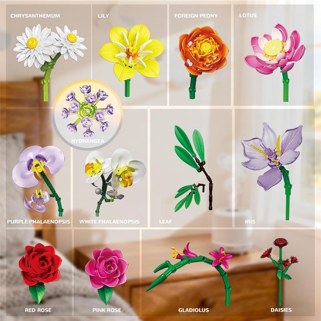 Roses Flowers Bouquet Building Set, Artificial Flore with Vase Compatible with Lego Botanical Collection for Women Adults Home Office Decor
