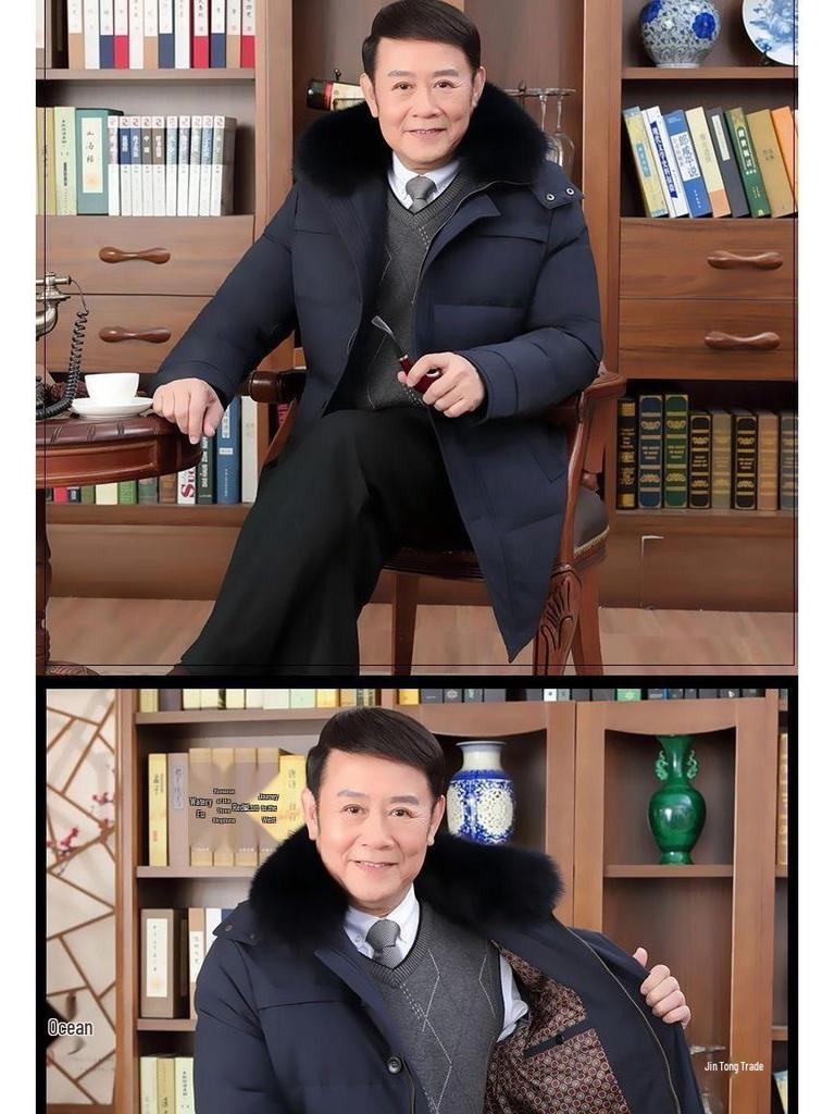 Pánská zimní péřová bunda střední délky s huňatou kapucí a kožíškem – Teplá, volný střih, velká velikost