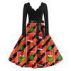 Ladies' Fashionable Retro Long Sleeved Square Neck Christmas Printed Evening Dress Dress
