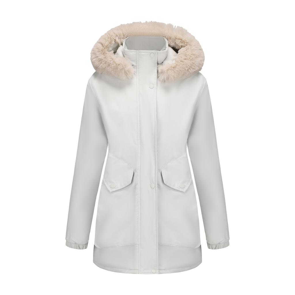European and American-style Long Winter Parka for Women, with Fleece Lining and Large Fur Collar