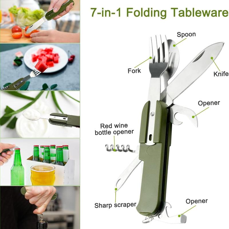 7 in 1 Multifunktionales Outdoor-Geschirr Edelstahl Faltbare Gabel Löffel Messer Picknick Camping Wandern Reisen Essgeschirr