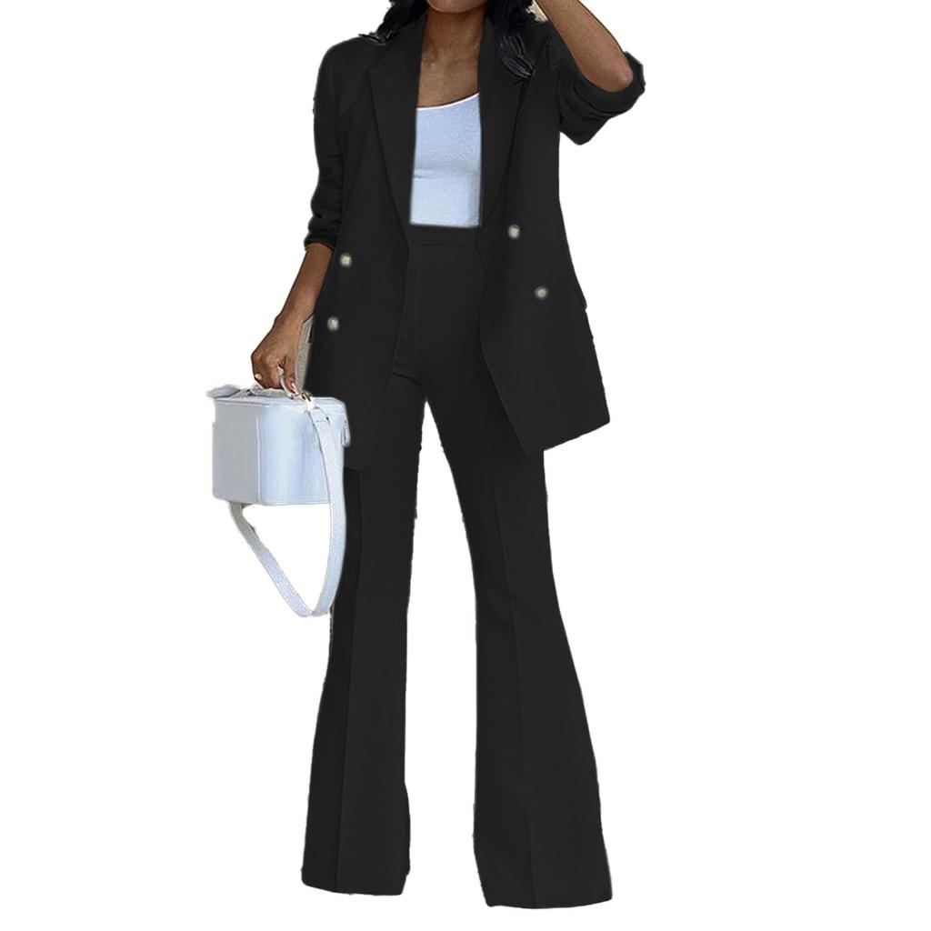 Women 2 Pieces Suit Plain Color Wide Leg Trousers Turn Down Collar 2 Pieces Long Pants Suit for
