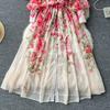 Abito Maxi da Donna a Manica Lunga con Collo Alto e Stampa Floreale, Vita Alta con Cintura da Legare, Elegante Abito Lungo Estivo a Linea A