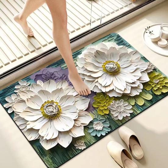 3D Floral Floor Mat Absorbent Diatomaceous Mud Rug Non-Slip Bathroom Entrance Carpet Quick Drying Mat for Living Room Kitchen