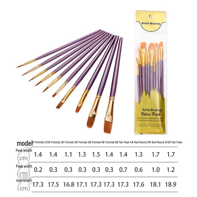 10-Piece Nylon Brush Set for Oil, Gouache, Watercolor, and Acrylic Painting