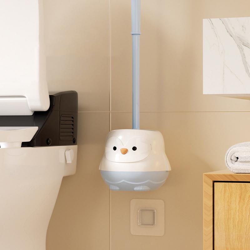 Cute Cartoon-style Toilet Brush With Base, No-drill, Wall-mounted, Long-handled Design For Bathroom Use, Perfect For All Angles