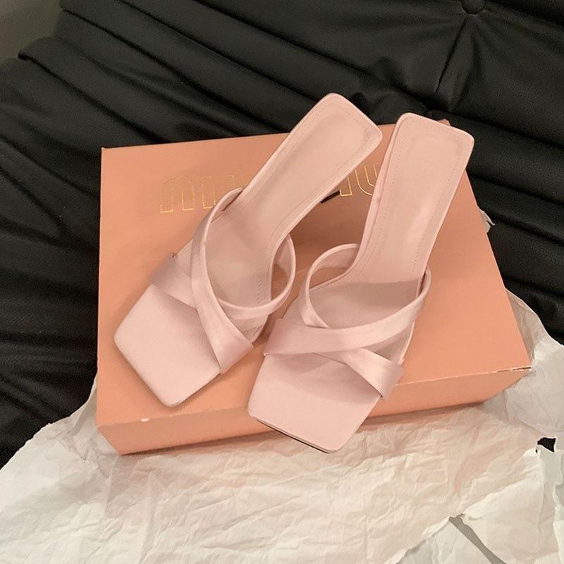 Fashion 2025 Summer New Fairy Style High Heels Women's Silk Square Head Thin Heels Cross Style High Heels One Line Cool Slippers