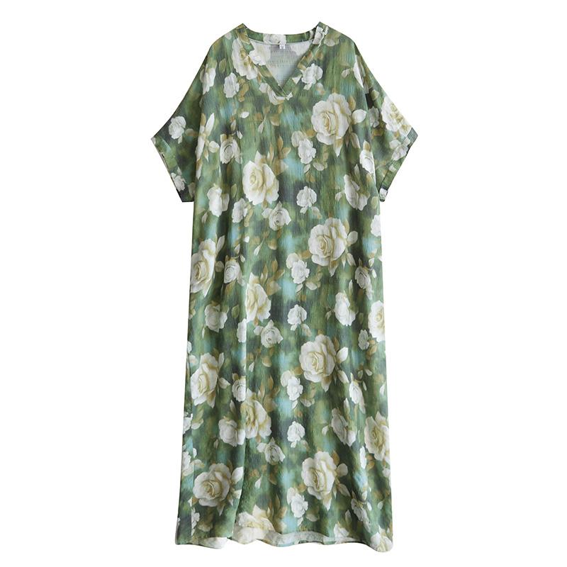 DIMANAF Plus Size 2025 Summer Dress V-Neck Women Casual Vintage Flower Dress Basic Printing Long Loose Dress Maxi