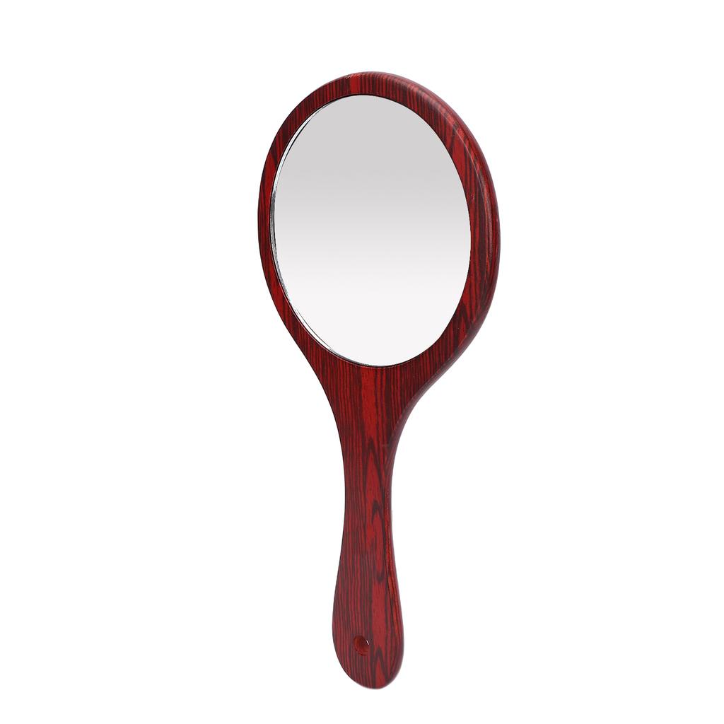Vintage Handheld Mirror Wooden Handle Hanging Hole Makeup Hairdressing Mirror for Household Red