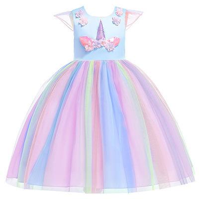 Einhorn Regenbogen Kleid für Mädchen Farbverlauf Tüll Prinzessinnenkleid Macaron Farbe Ärmellos Tüllkleid Kinder Party Kostüm Set