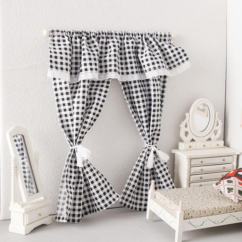 1/12 Dollhouse Mini Plaid Curtains Door Curtain Doll Home Furniture Decoration Dolls House Living Scene Decor Accessories