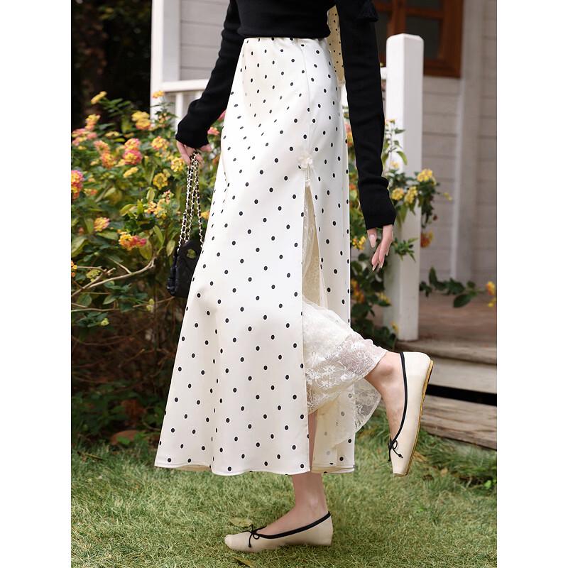 French Polka Dot Satin Midi Skirt L