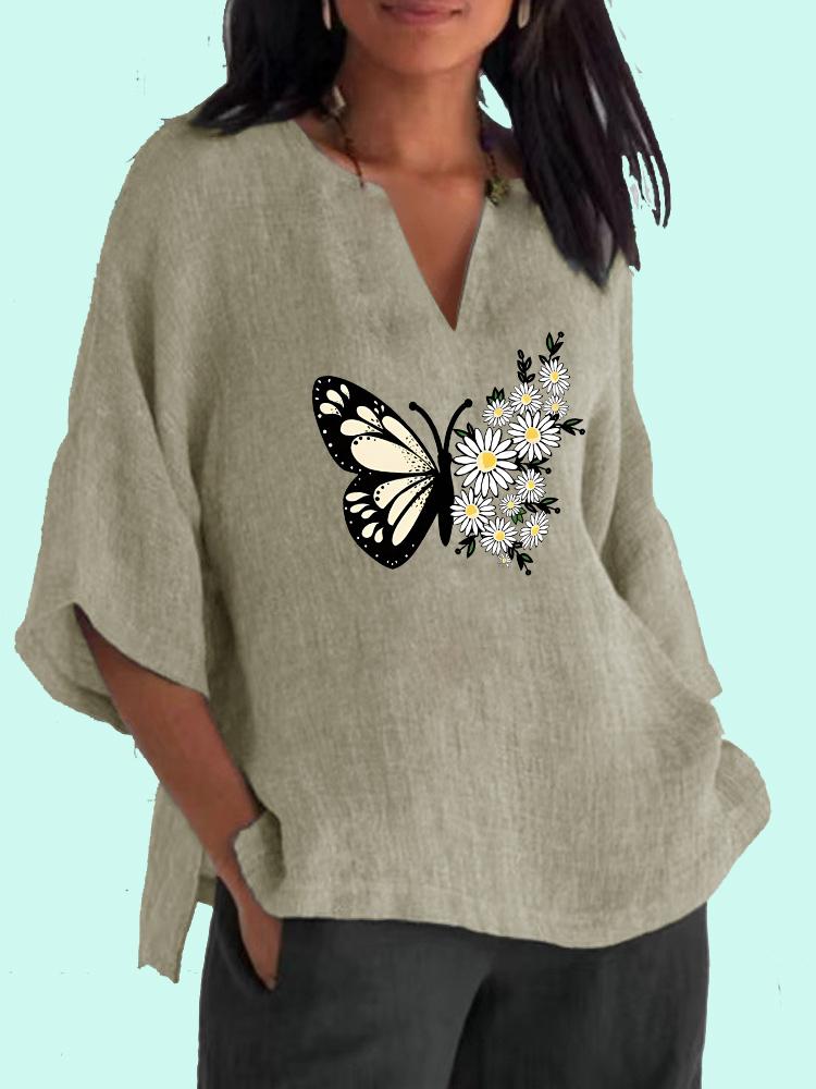 

Женская модная рубашка с длинным рукавом с принтом 3/4, повседневный топ с v-образным вырезом, женская свободная хлопковая льняная блузка 3XL