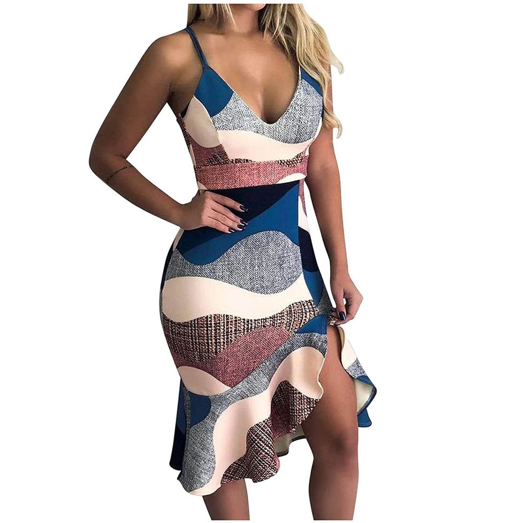 Fashion Women's Loose Sexy V-Neck Color Ruffle Hip Sleeveless Dress