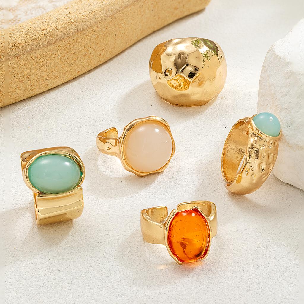 5 pieces of fashionable and personalized irregular wide ring with edge wrapped moonstone round buckle stacked open ring