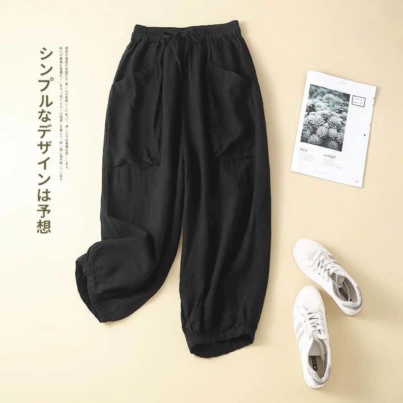 

Cotton Linen Pants Women Summer Elastic Waist Loose Casual Baggy Pants Vintage Pocket Korean Style Trousers Clothes Harem Pants S чёрный