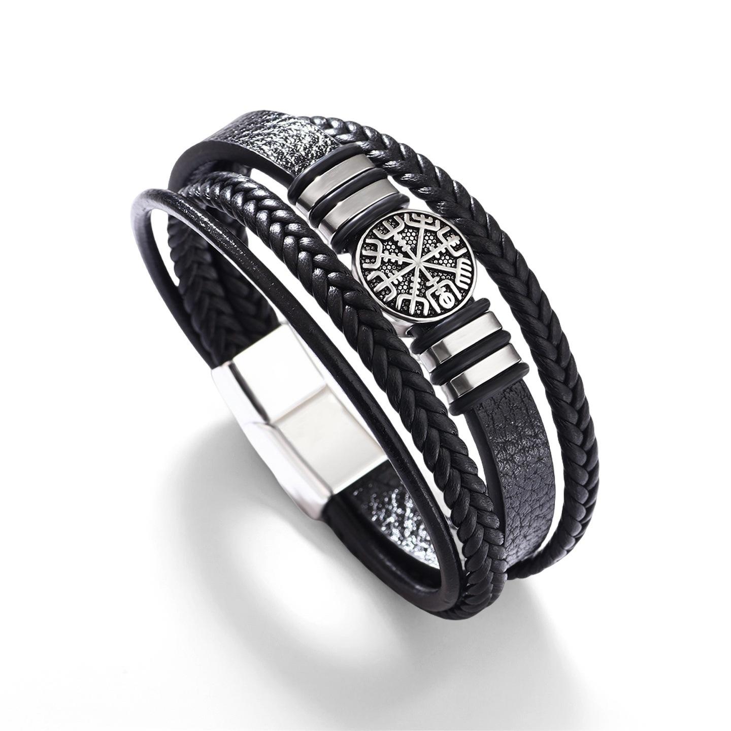 

Braided Leather Rope Bracelet Fashion Punk Style Multi-layer Men s Bracelet Fashion Trend Compass Personality Bracelet 9Inch чорний