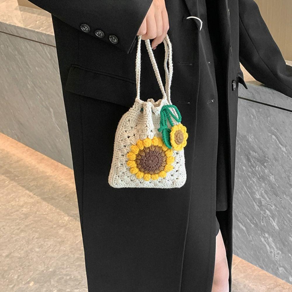 Drawstring Sunflower Shoulder Bag Knitted Sunflower Knitted Bag Handwoven Knit Bag Girl Gift