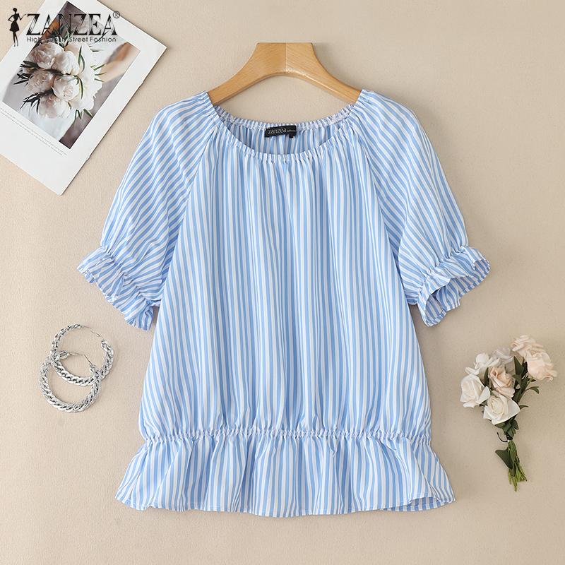 

ZANZEA Women Casual Round Neck Short Sleeve Loose Stripe Blouse S синій