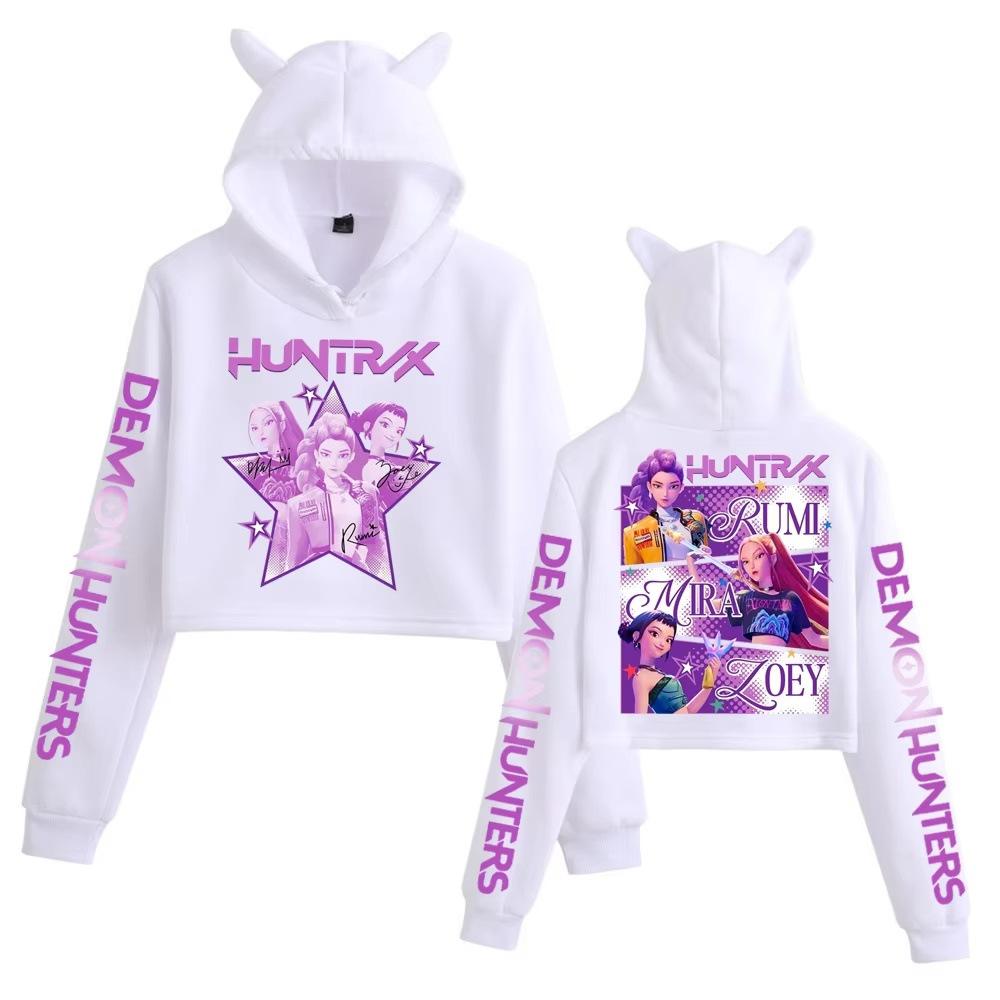 KPop Demon Hunters Bluza z Kapturem Uszy Kota Moda Harajuku Streetwear Jesienny Pulower Dziewczęce Słodkie Krótkie Topy Damska Bluza z Kapturem Casualowe Okrycie Wierzchnie