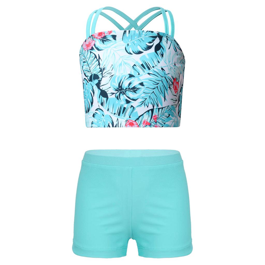 Kids Girls Swimwear Set Double Shoulder Straps Tank Top with Shorts for Beach Pool Swimming Bathing