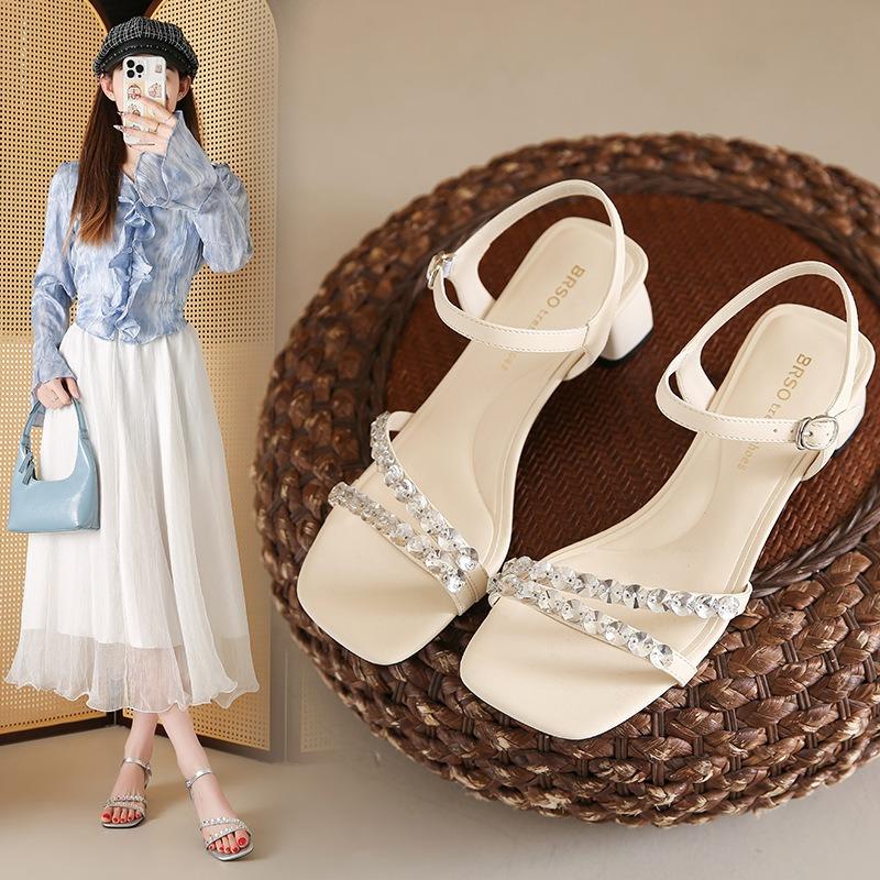 Mit Rock Strass Sandalen Damen Dicke Ferse Neu Sommer tragen Ein-Wort Schnalle High Heels