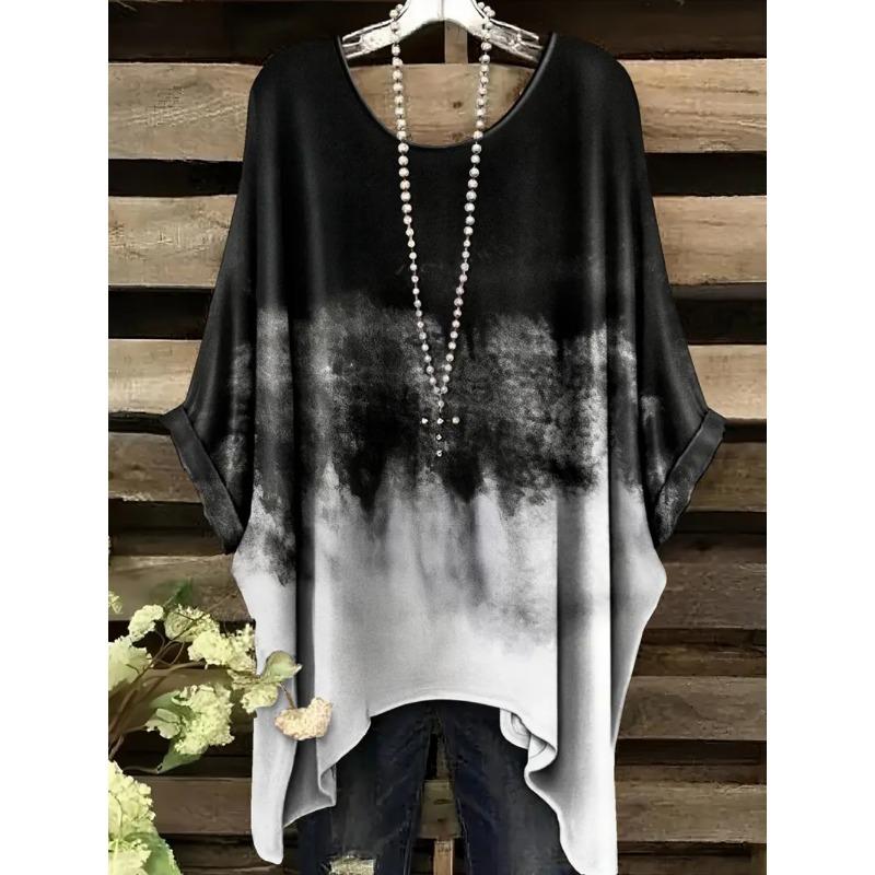 Vintage Women's T-Shirt Color Gradient Print Elegant Asymmetrical Hem O-Neck Short Sleeve Top Casual Fashion Street Outdoor Tops