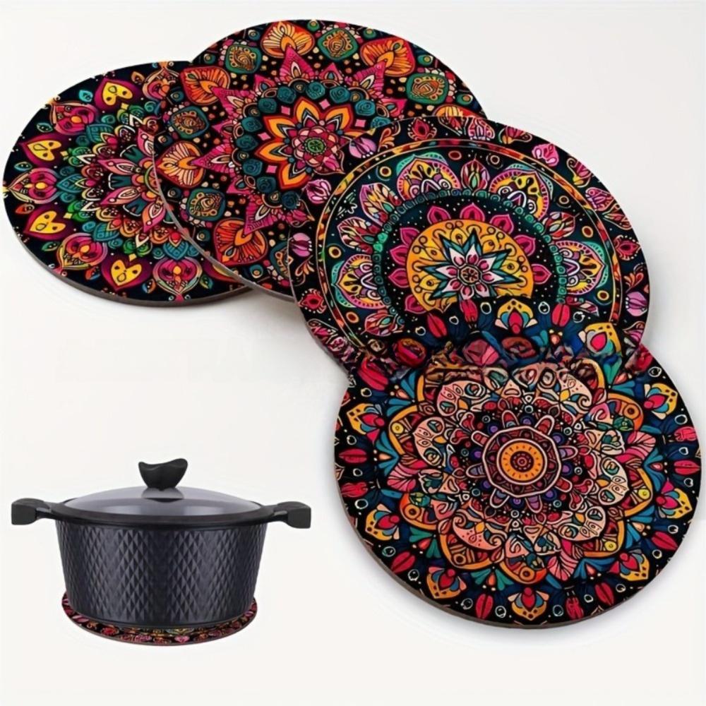 4pcs/set Mandala Pattern Coasters Set Colorful Wooden Table Insulation Pad Insulation Function Home Decoration Table Protection