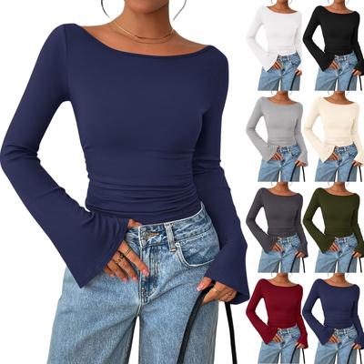 Women' Fashionable Pure-colored Flared-sleeve Long-sleeved Top