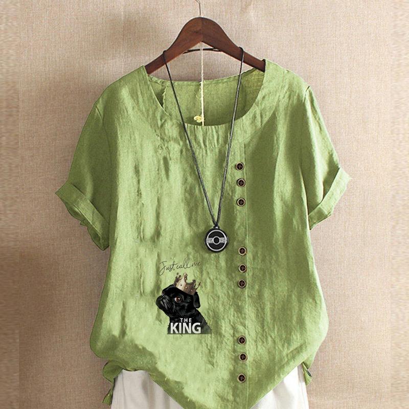 

Женская модная футболка с круглым вырезом и короткими рукавами с принтом собаки, повседневная хлопково-льняная рубашка с рисунком, свободная летняя блузка для отдыха, топы 5XL зелёный