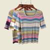 Square Collar Rainbow Fall and Winter Inner Wear-Sleeve Wool T-shirt