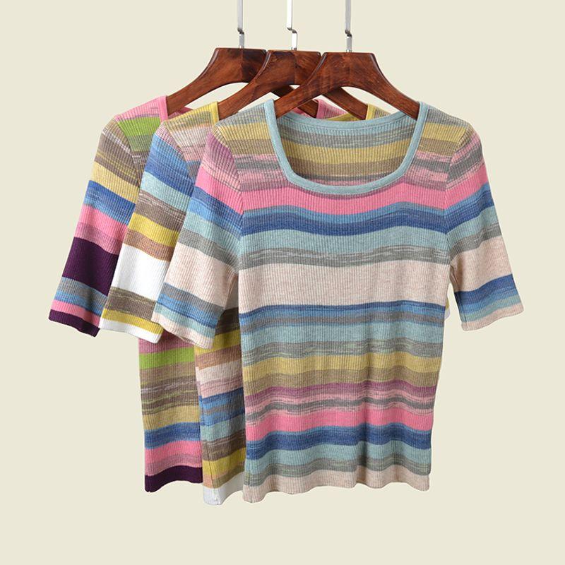 Square Collar Rainbow Fall and Winter Inner Wear-Sleeve Wool T-shirt