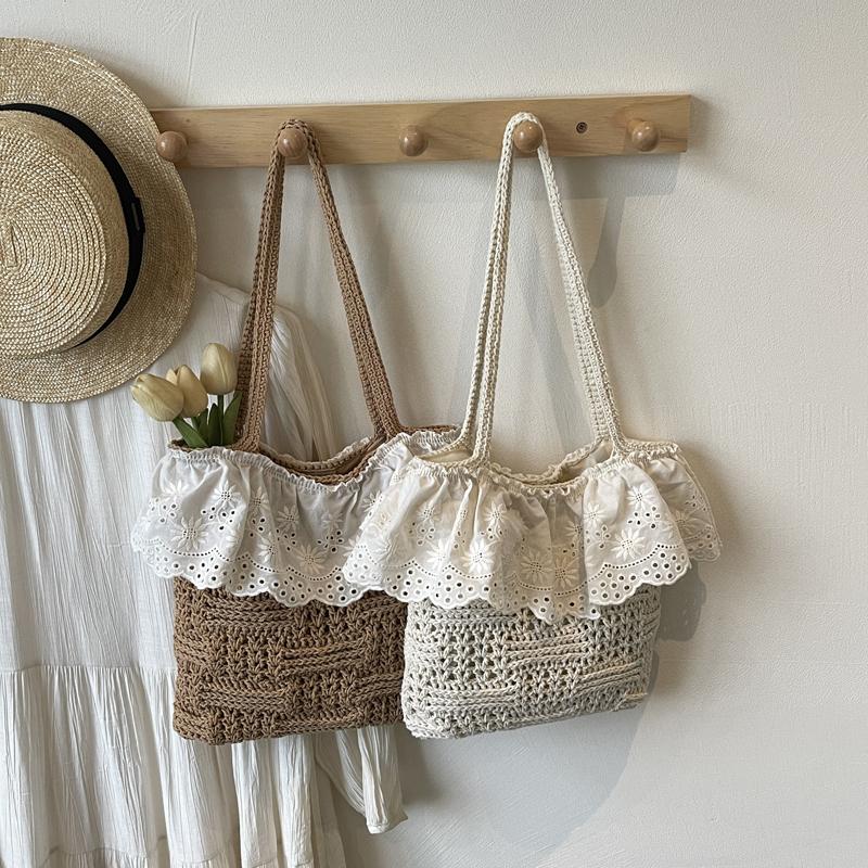 Straw Woven Summer Solid Color Shoulder Bags Lace Large Capacity Ladies Bags 2026 High Quality Hollow Out Women's Handbags