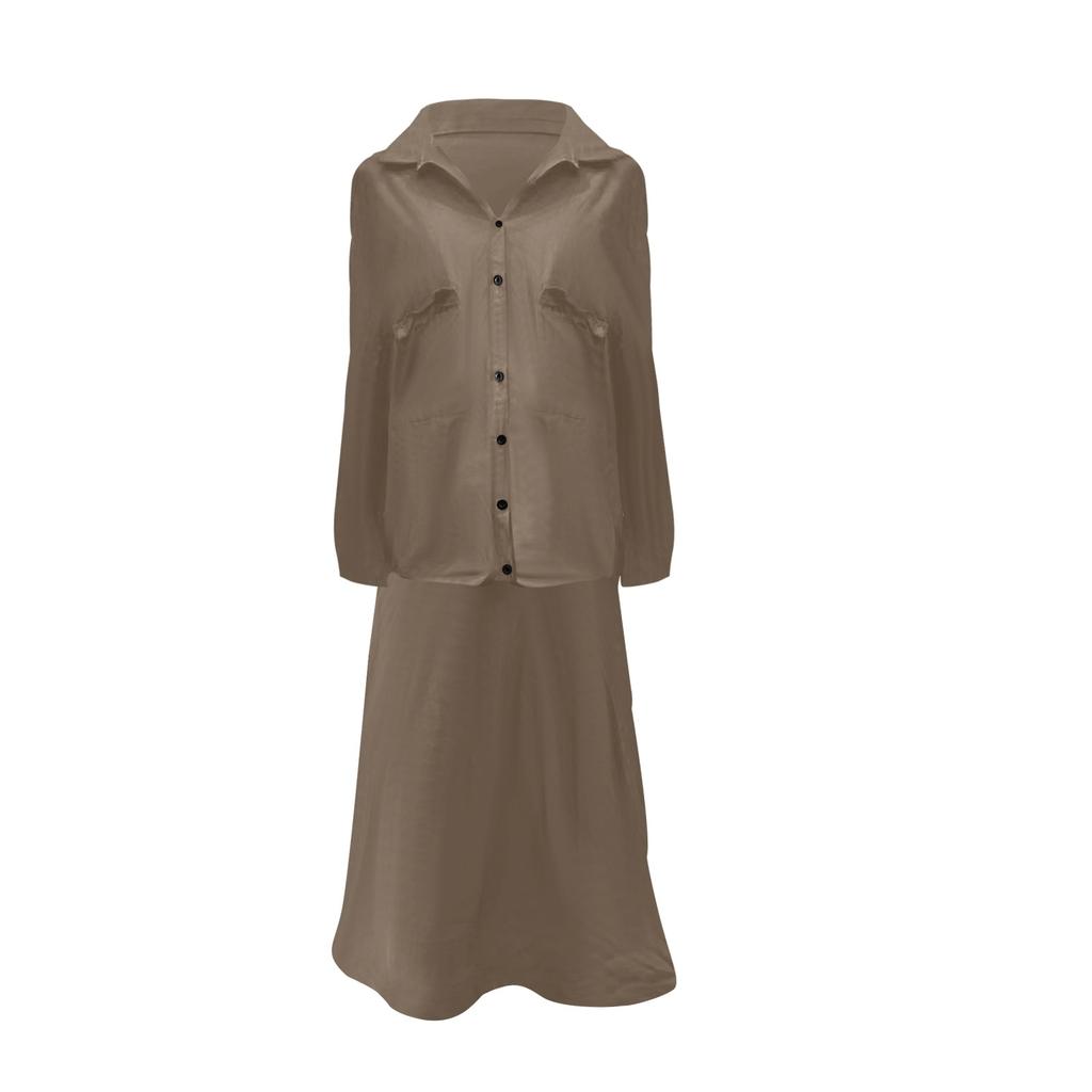Women's Fashion Casual Retro Large Size Lapel Long Sleeve Shirt Dress Casual Two-piece Set