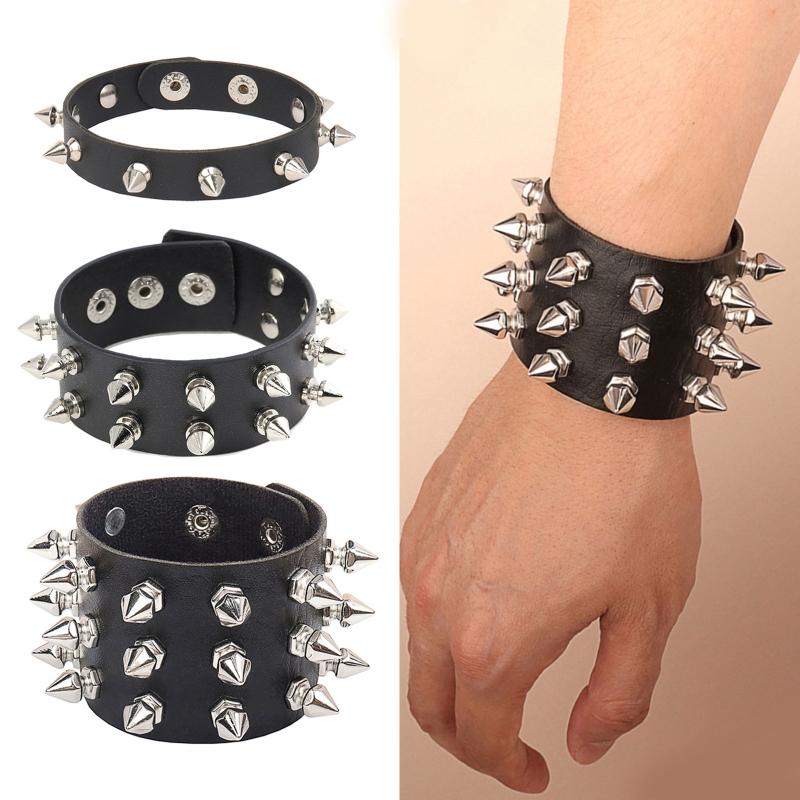 Spiked Studded Bracelet Black Leather Rivets Punk Bracelet Cuff Wrap Bangle Metal Snap Button Wristband for Men Women