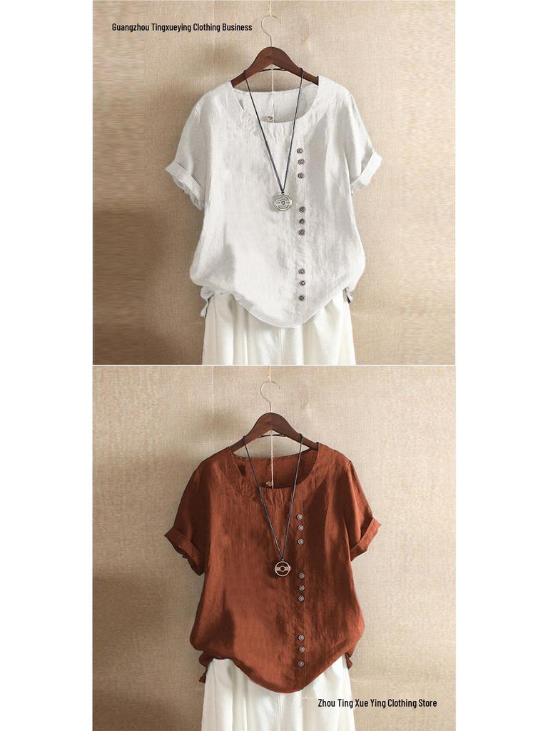 Women's Plus Size Casual Cotton Linen Button-Up Retro T-Shirt