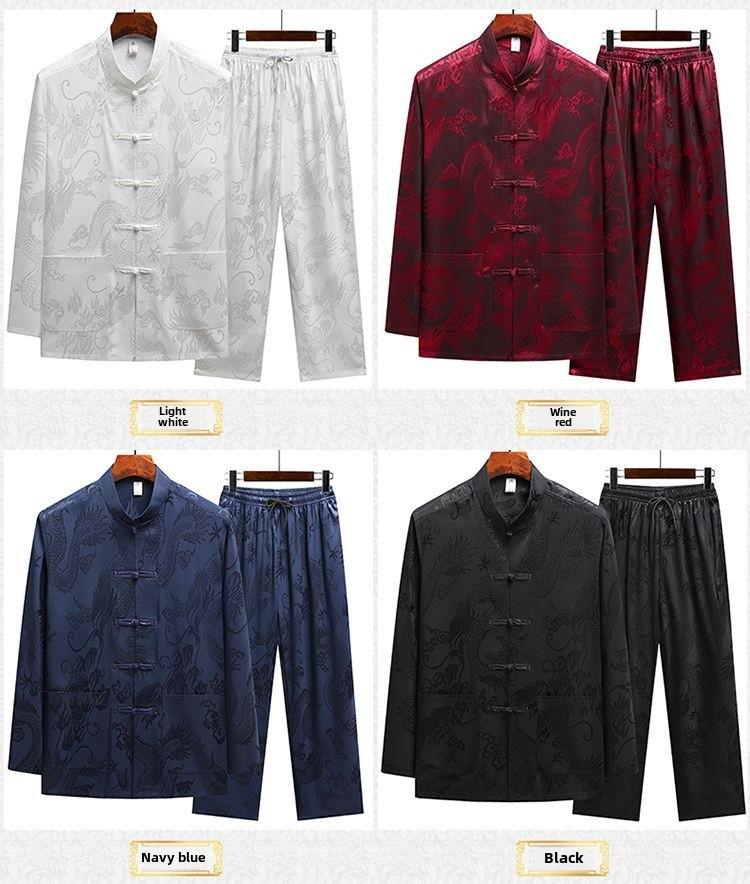 Men's Ice Silk Long-Sleeve Tang Suit: Chinese-Style Spring Hanfu for Older Adults, Loose Fit