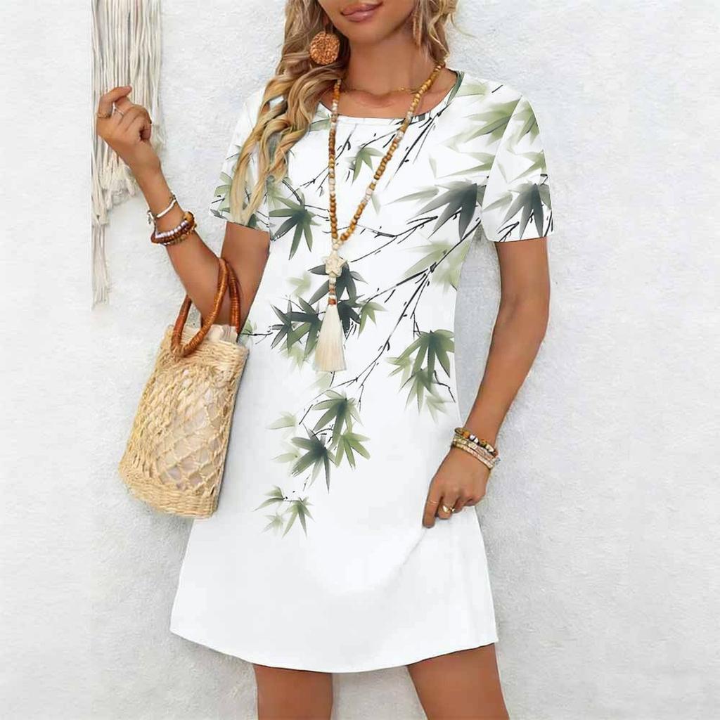 Women's Fashion Graceful Beautiful  Flowers and Lines Print Summer Spring Short Sleeve O-Neck Casual Dresses