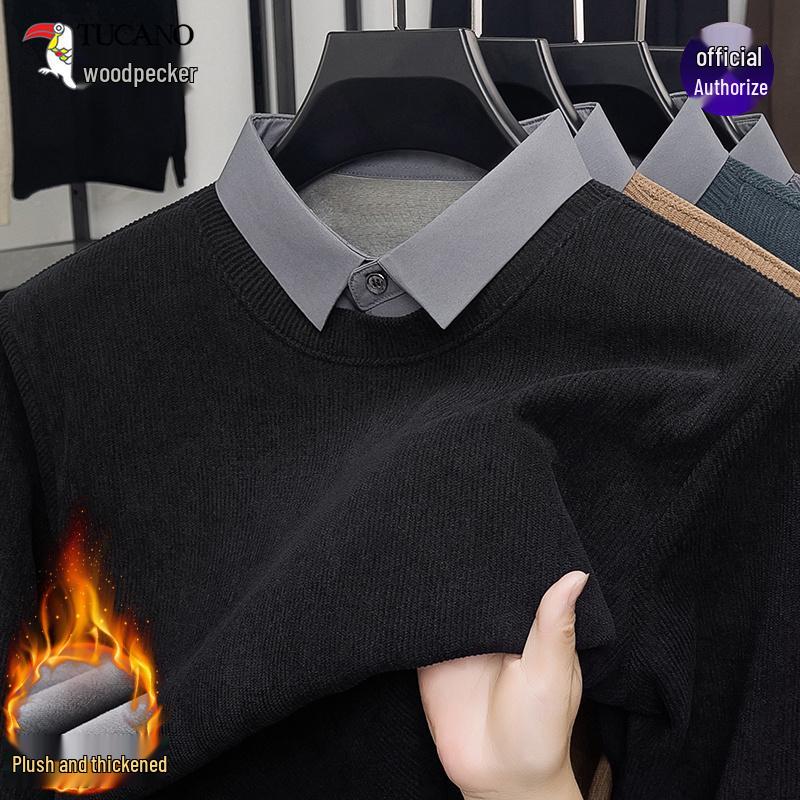 Woodpecker Men's Winter Two-Piece Sweater with Velvet Lining - Thick, Warm, Casual Shirt Collar for Middle-Aged Dads