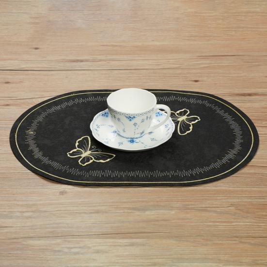 Linen Placemat Embroidery Butterflies Pattern Oval Heat-Resistant Stain-resistant Placemat Dining Accessories