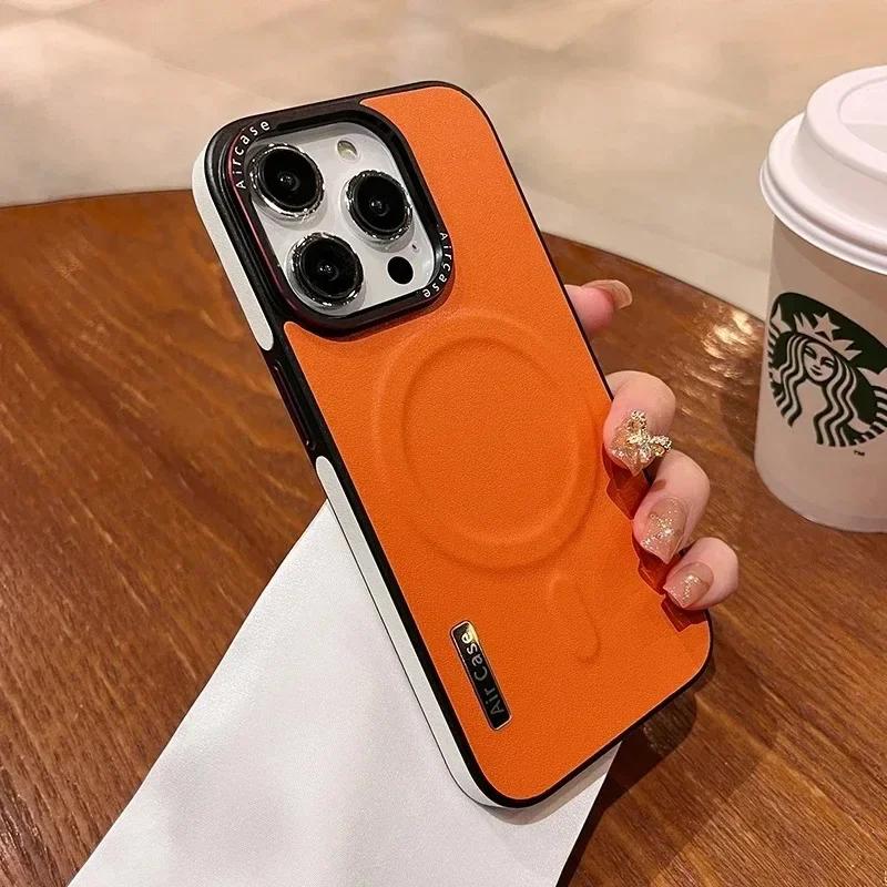 

Business Double Color Leather Magsafe Case for 12 13 16 15 Pro Max Magnetic Matte Soft Shockproof Cover for 15Pro For iPhone 14 Pro помаранчевий