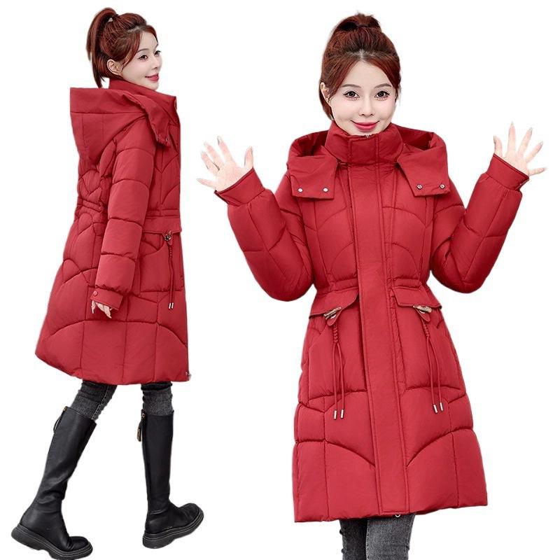 Fashion women's winter cotton-padded clothes, medium and long hooded waist cotton-padded jackets, temperament commuting versatile models