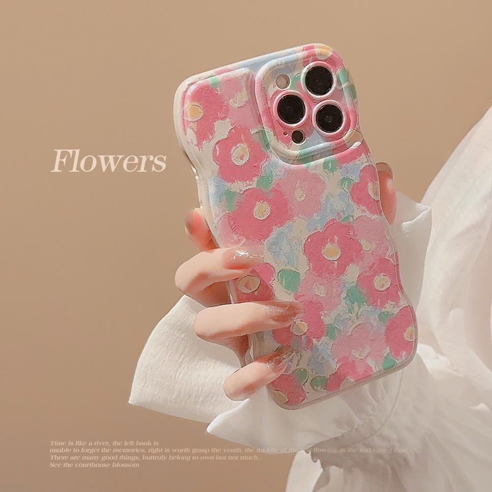 

Oil Painting Girl Pink Flowers Iphone15 Apple 14promax Mobile Phone Case Wave Edge 13 Silicone 16 Suitable 16promax